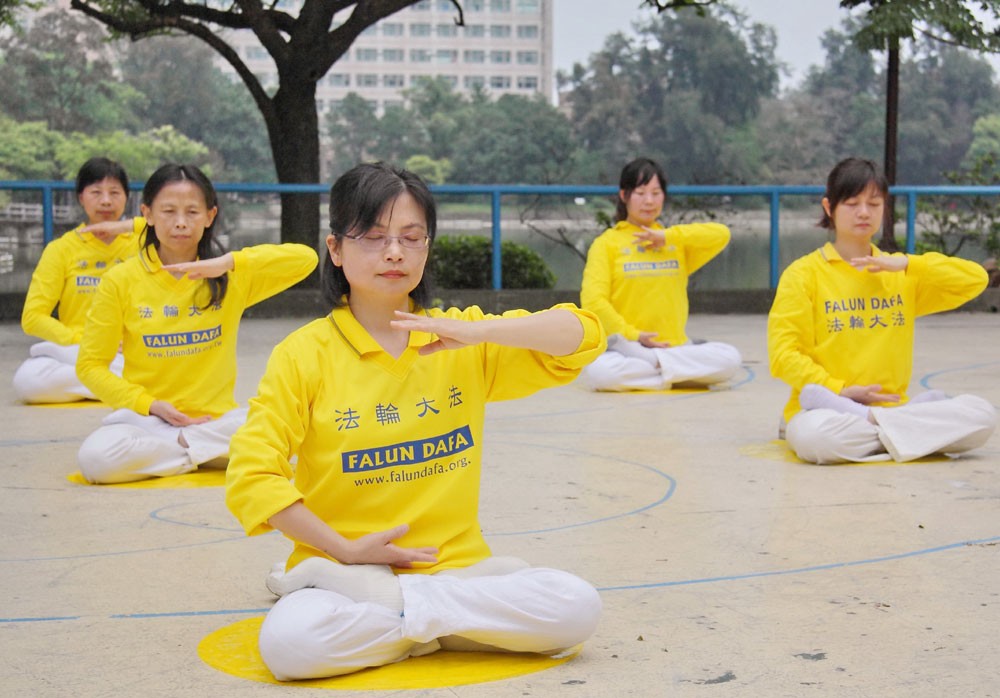 Спустя 11 лет после начала репрессий. Апрель 2010 г. Китайские практикующие Фалуньгун спокойно медитируют в парке Национального университета Цинхуа на Тайване.