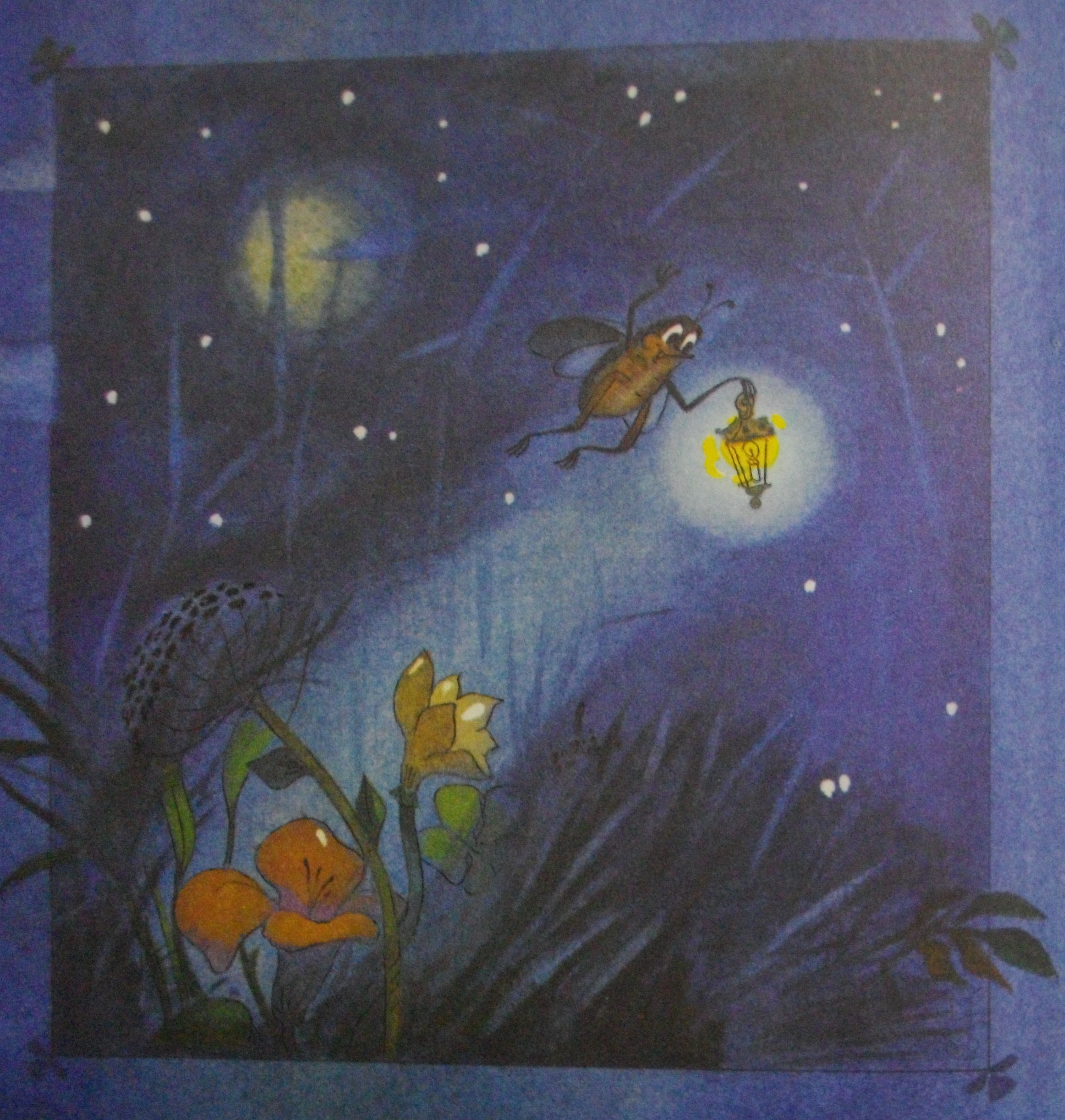Светлячок со своим голубым фонариком летает над травой и ищет друга
